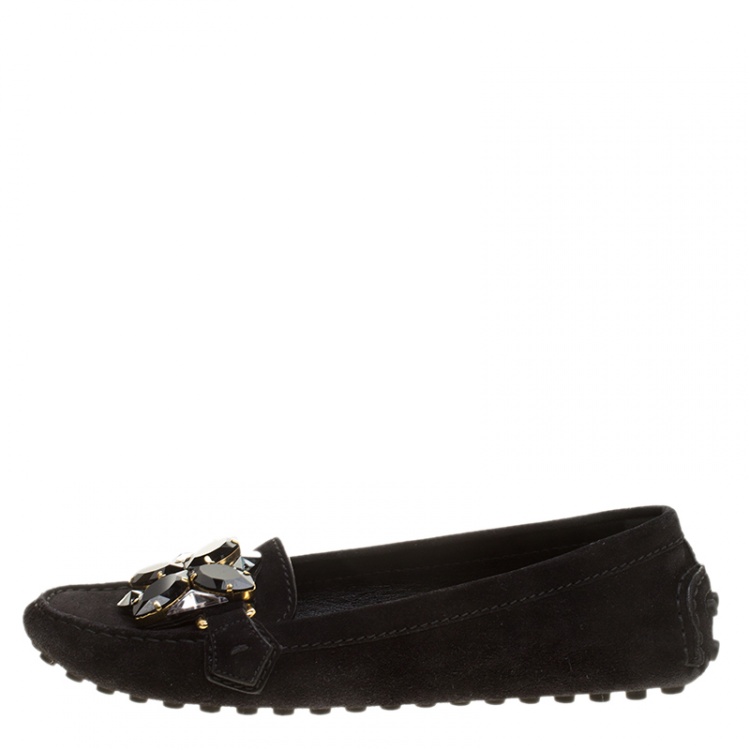 Pre Owned Louis Vuitton Black Crystal Embellished Suede Silver Night Loafers Size 39