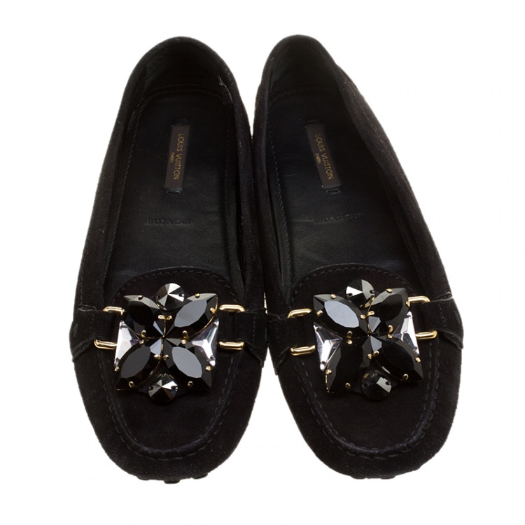 Pre Owned Louis Vuitton Black Crystal Embellished Suede Silver Night Loafers Size 39