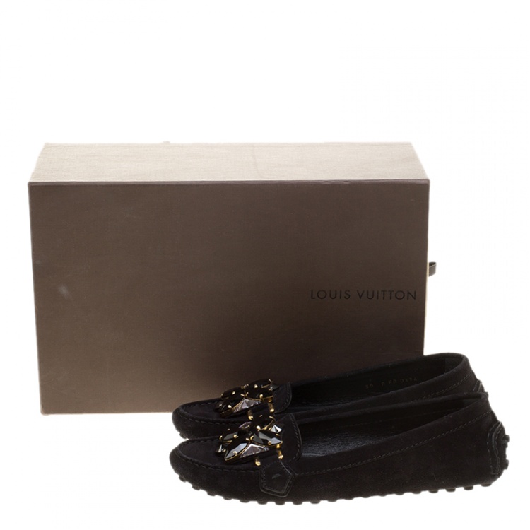 Pre Owned Louis Vuitton Black Crystal Embellished Suede Silver Night Loafers Size 39