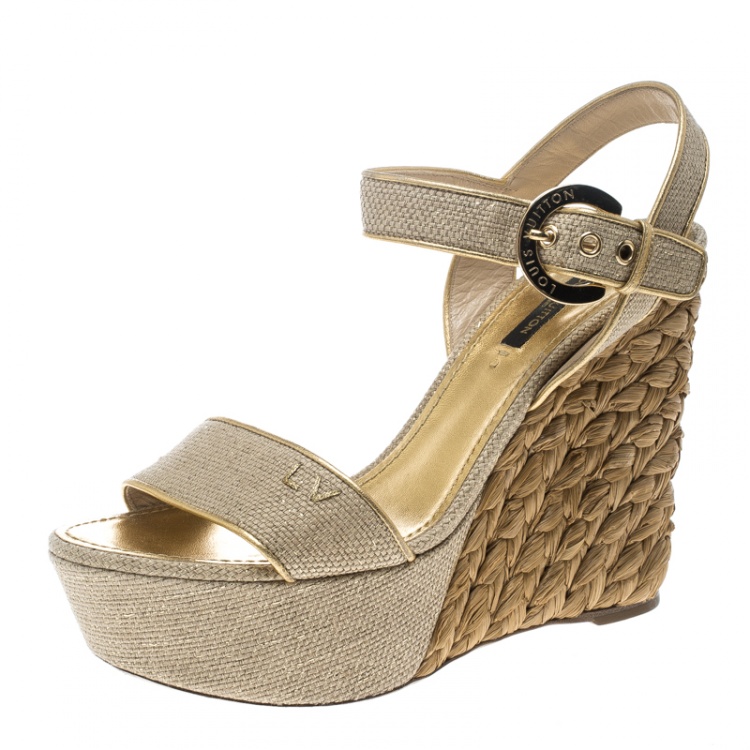 Louis Vuitton Brown-White Leather And Canvas Wedge Platform Ankle Strap  Sandals Size 38 Louis Vuitton