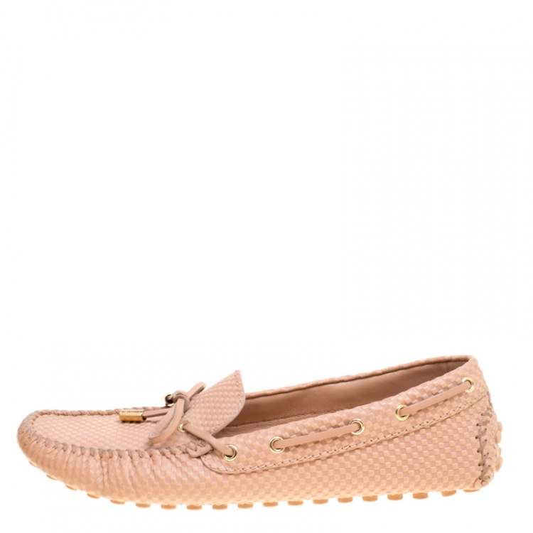 Pre Owned Louis Vuitton Beige Petit Damier Embossed Leather Gloria Bow Loafers Size 39