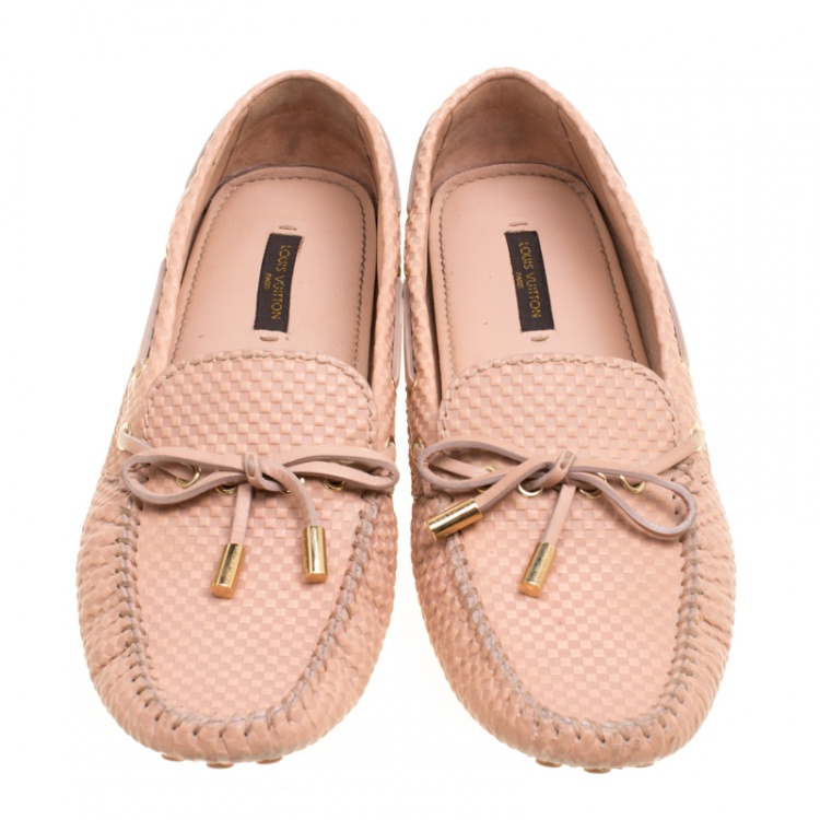 Pre Owned Louis Vuitton Beige Petit Damier Embossed Leather Gloria Bow Loafers Size 39