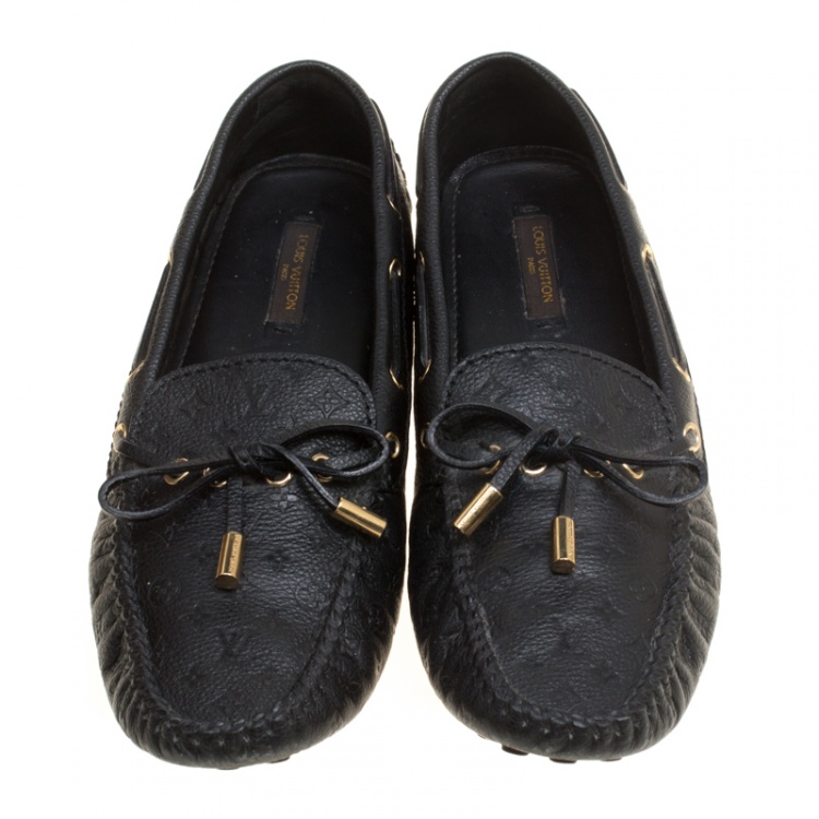 Pre Owned Louis Vuitton Black Monogram Empreinte Leather Gloria Flat Loafers Size 38.5
