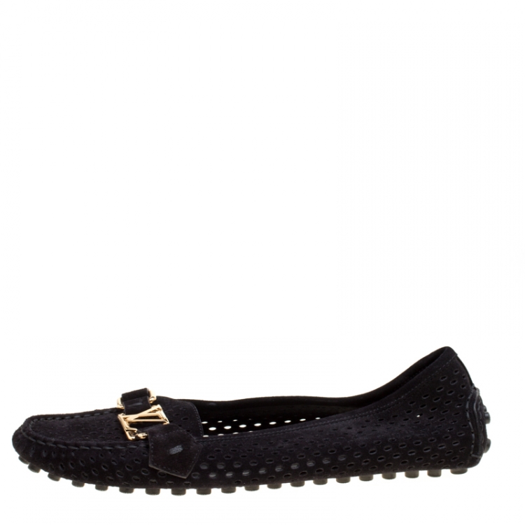 Pre Owned Louis Vuitton Black Perforated Suede Oxford Loafers Size 38