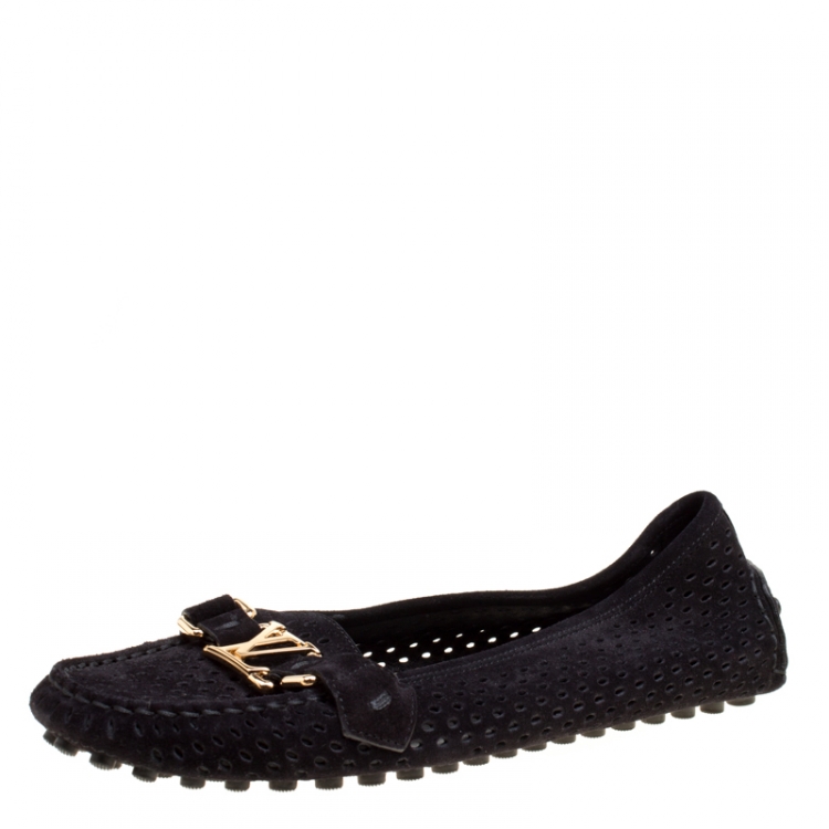 Pre Owned Louis Vuitton Black Perforated Suede Oxford Loafers Size 38