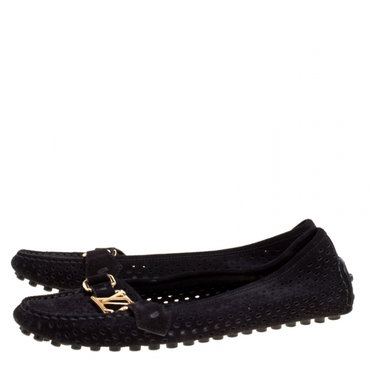 Pre Owned Louis Vuitton Black Perforated Suede Oxford Loafers Size 38