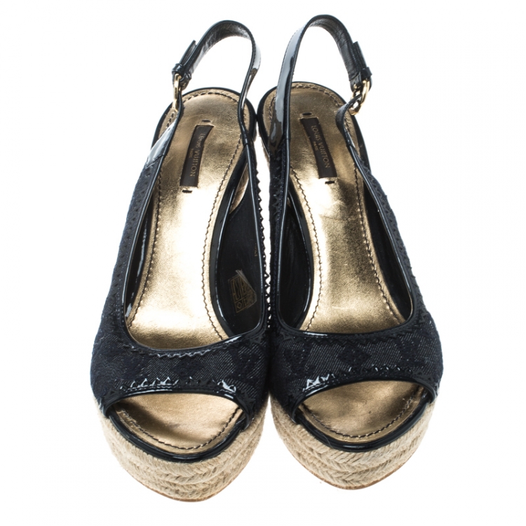 Louis Vuitton Blue/Black Denim Monogram and Patent Leather Espadrilles Wedge Slingback Sandals ...