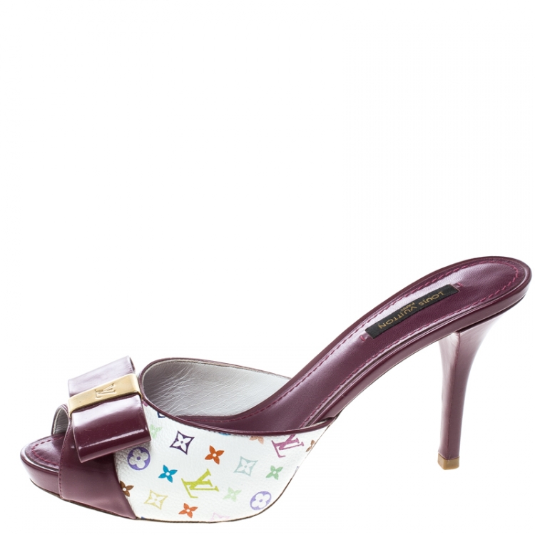 Authentic Louis Vuitton Purple Patent Leather White Monogram Peep Toe Slides  8.5