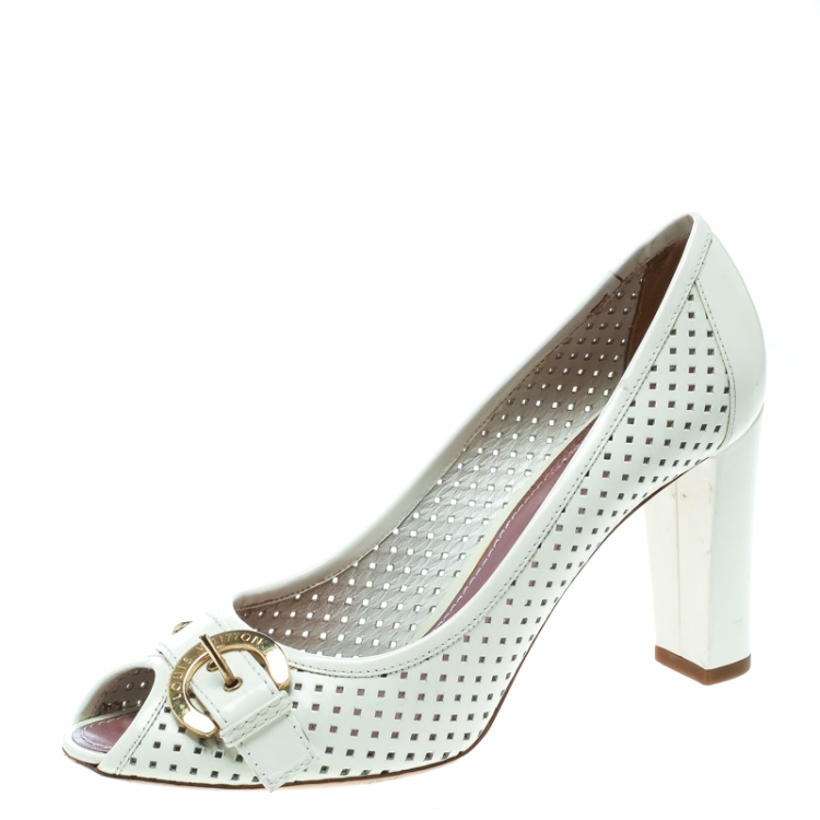 Louis Vuitton White Perforated Leather Buckle Peep Toe Block Heel Pumps  Size 36.5 Louis Vuitton