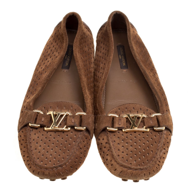 Pre Owned Louis Vuitton Brown Perforated Suede Oxford Loafers Size 37.5