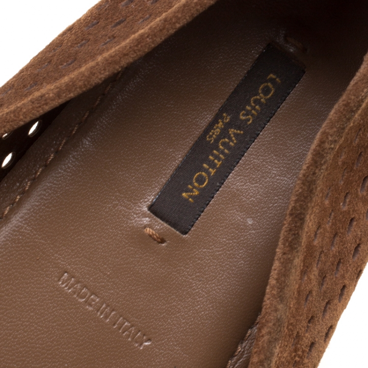 Pre Owned Louis Vuitton Brown Perforated Suede Oxford Loafers Size 37.5