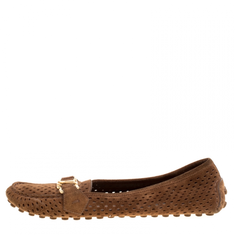Pre Owned Louis Vuitton Brown Perforated Suede Oxford Loafers Size 37.5