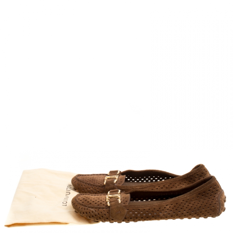 Pre Owned Louis Vuitton Brown Perforated Suede Oxford Loafers Size 37.5