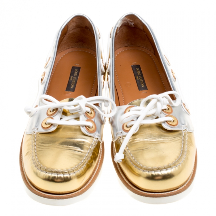 Pre Owned Louis Vuitton Metallic Gold And Silver Leather Marina Boat Loafers Size 39