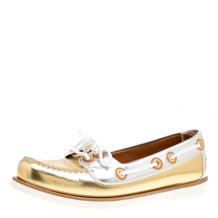 Pre Owned Louis Vuitton Metallic Gold And Silver Leather Marina Boat Loafers Size 39