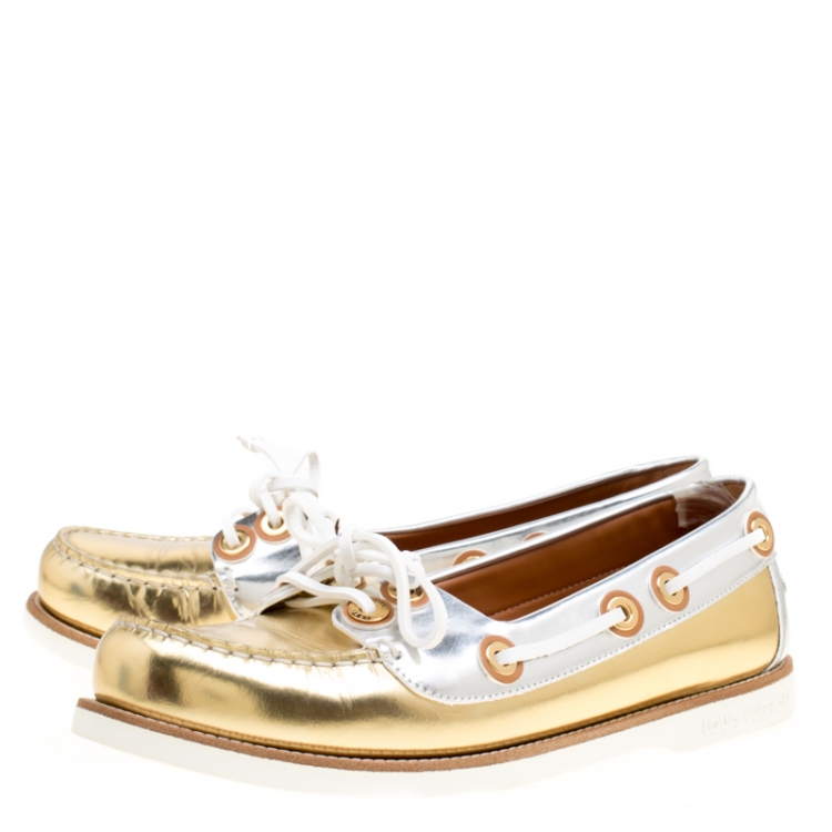 Pre Owned Louis Vuitton Metallic Gold And Silver Leather Marina Boat Loafers Size 39