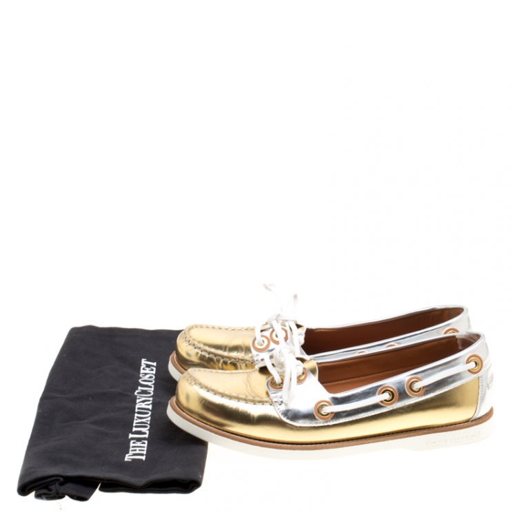 Pre Owned Louis Vuitton Metallic Gold And Silver Leather Marina Boat Loafers Size 39
