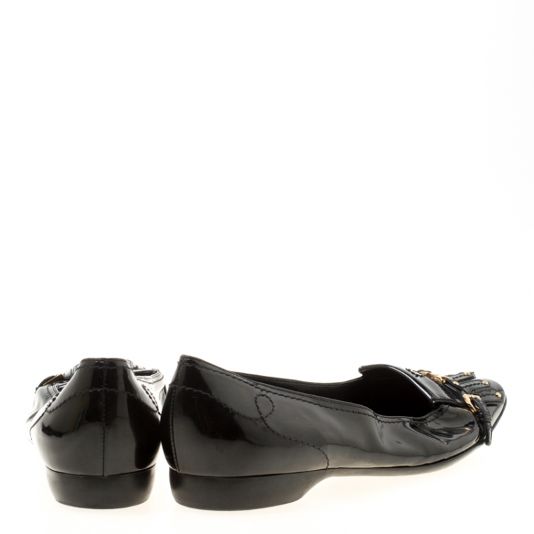 Pre Owned Louis Vuitton Black Patent Leather Fringe Detail Loafers Size 38.5