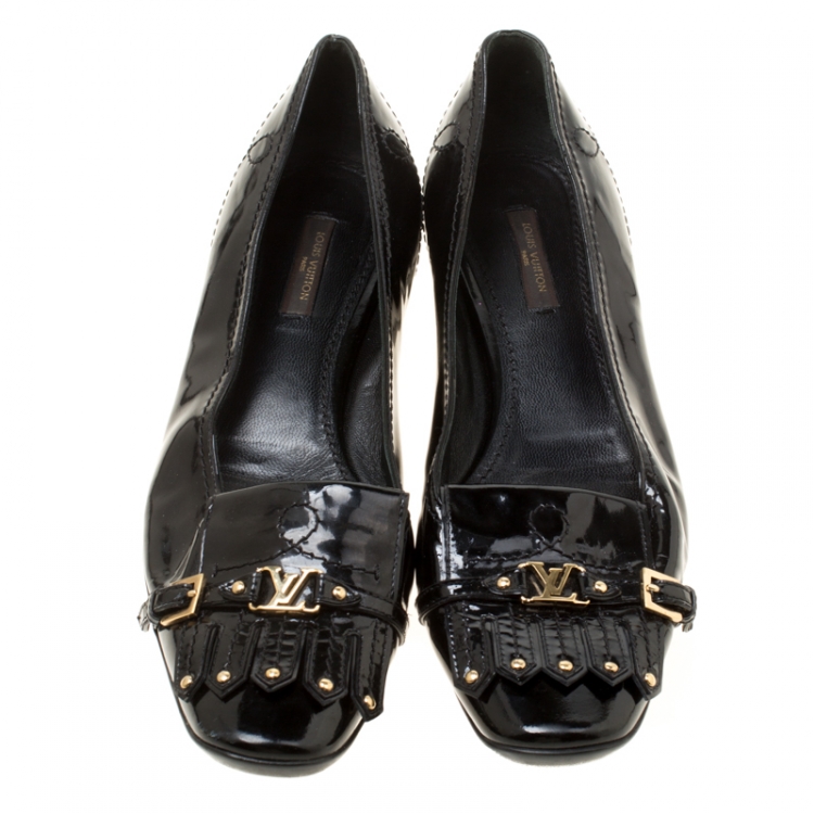 Pre Owned Louis Vuitton Black Patent Leather Fringe Detail Loafers Size 38.5