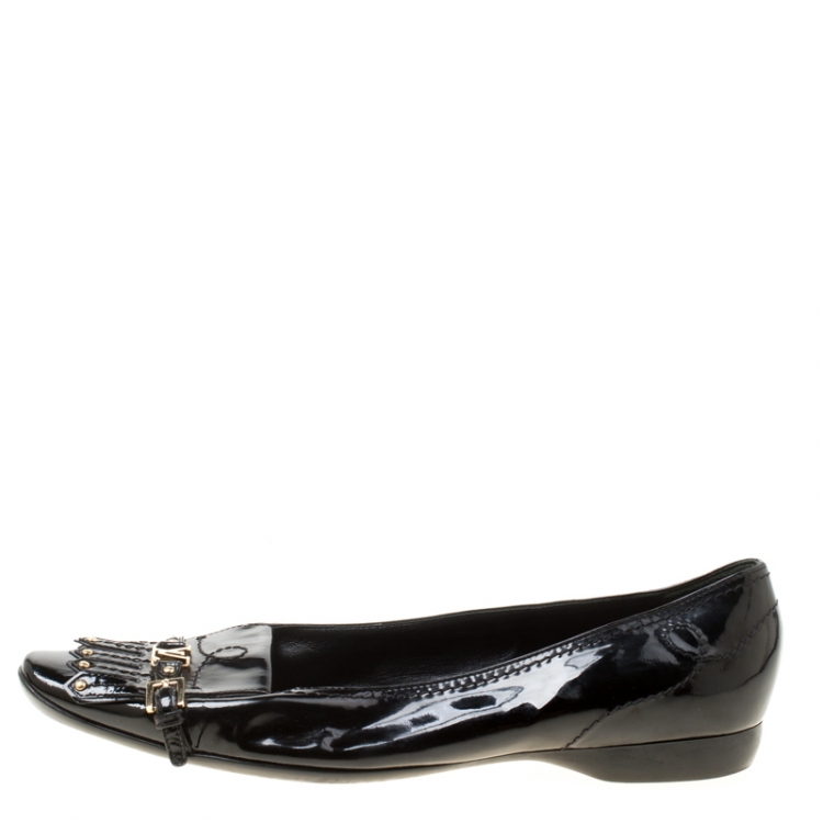 Pre Owned Louis Vuitton Black Patent Leather Fringe Detail Loafers Size 38.5