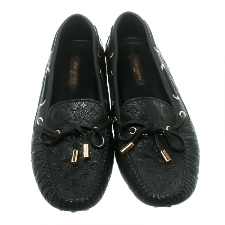 Pre Owned Louis Vuitton Black Monogram Empreinte Leather Gloria Flat Loafers Size 38