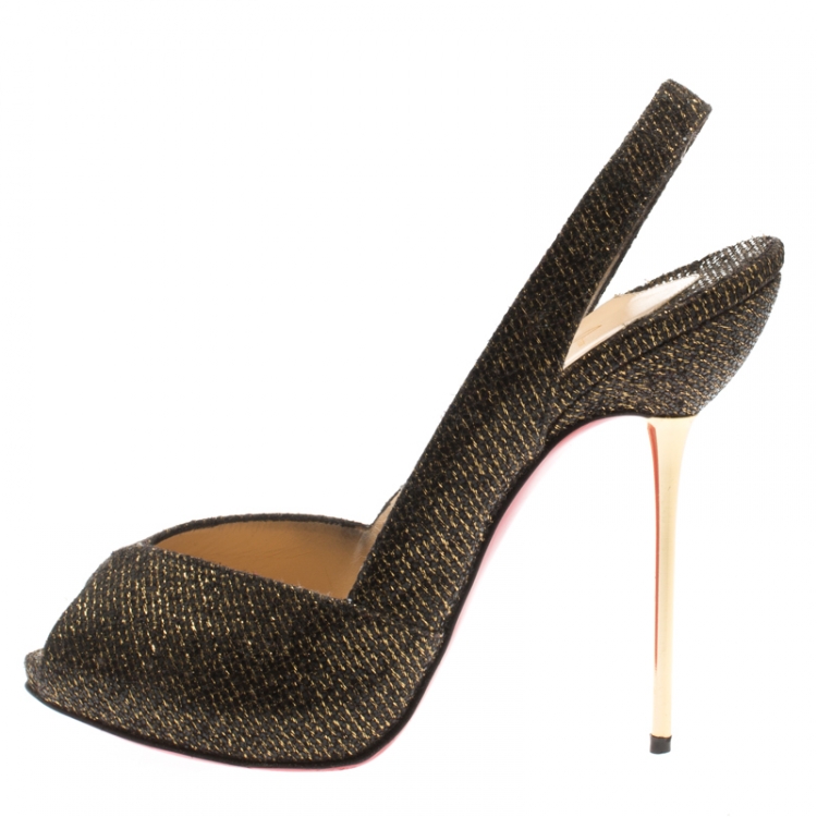 Pre Owned Christian Louboutin Black And Gold Glitter Fabric Peep Toe Slingback Sandals Size 38.5