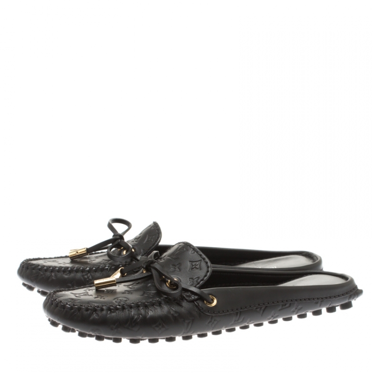 Pre Owned Louis Vuitton Black Monogram Empreinte Leather Gloria Slip On Flat Loafers Size 35