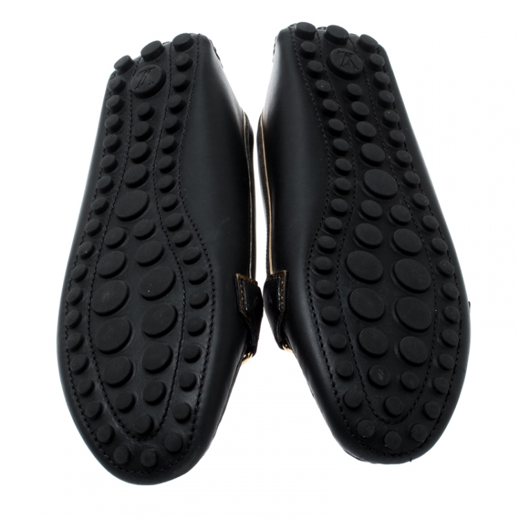 Pre Owned Louis Vuitton Metallic Gold And Black Leather Oxford Logo Detail Loafers Size 40
