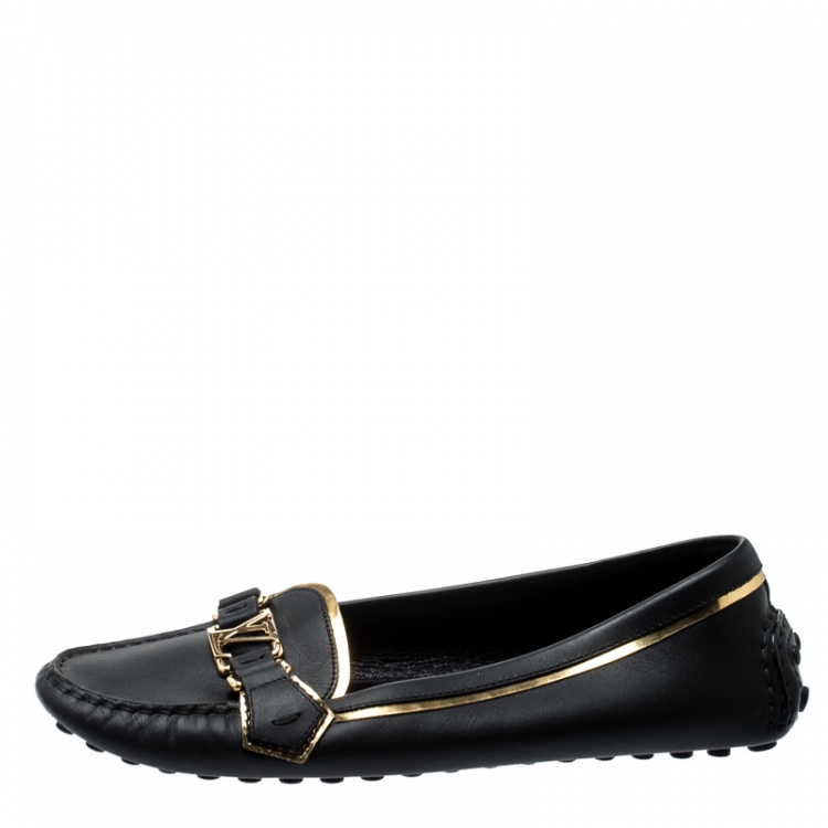 Pre Owned Louis Vuitton Metallic Gold And Black Leather Oxford Logo Detail Loafers Size 40