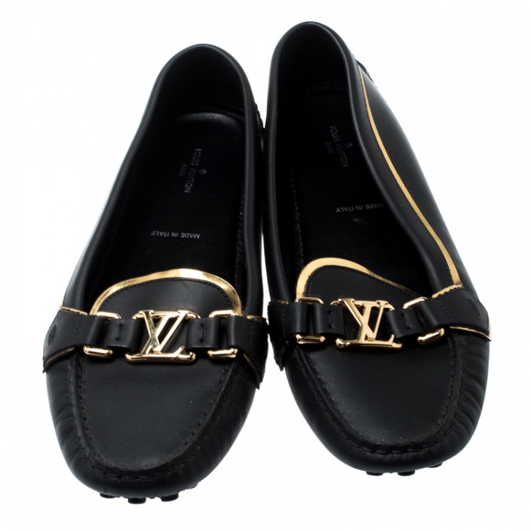 Pre Owned Louis Vuitton Metallic Gold And Black Leather Oxford Logo Detail Loafers Size 40