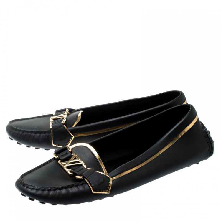 Pre Owned Louis Vuitton Metallic Gold And Black Leather Oxford Logo Detail Loafers Size 40