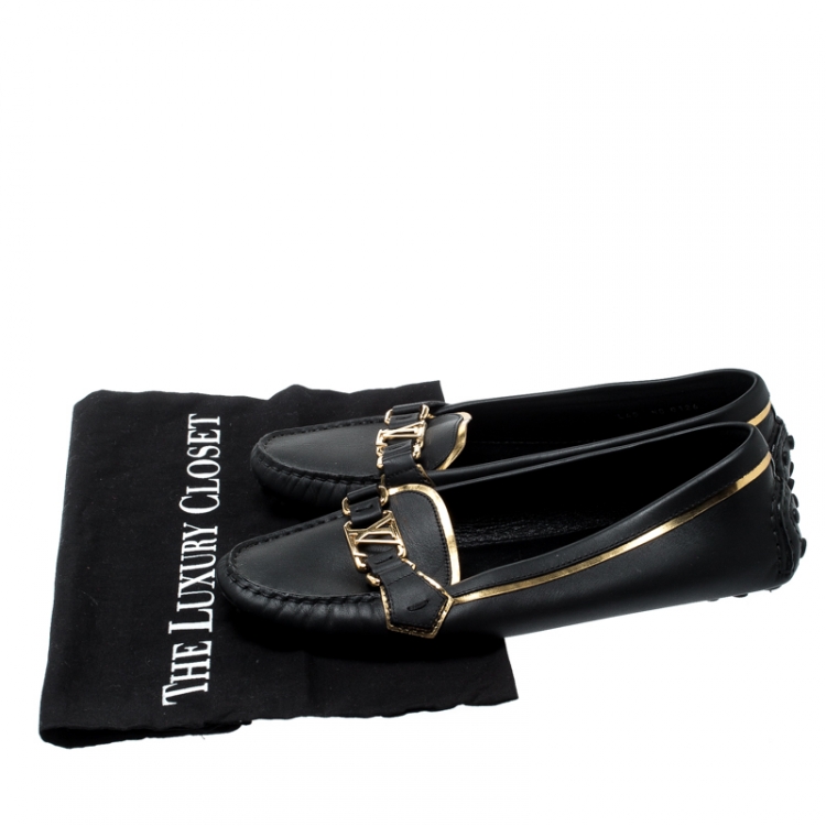 Pre Owned Louis Vuitton Metallic Gold And Black Leather Oxford Logo Detail Loafers Size 40