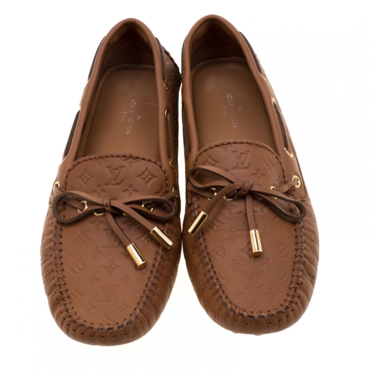Pre Owned Louis Vuitton Brown Monogram Leather Bow Slip On Loafers 37