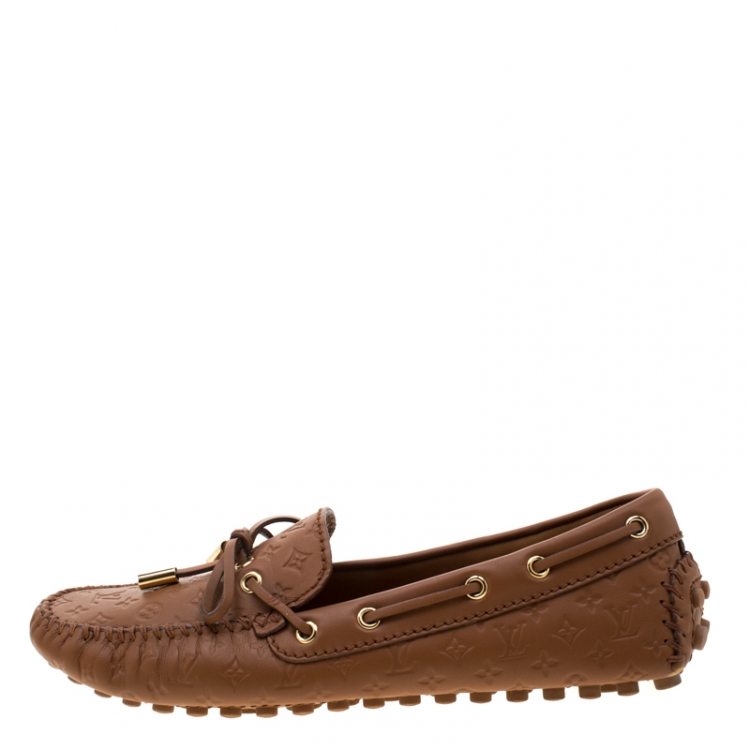 Pre Owned Louis Vuitton Brown Monogram Leather Bow Slip On Loafers 37