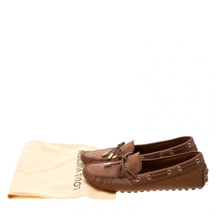 Pre Owned Louis Vuitton Brown Monogram Leather Bow Slip On Loafers 37