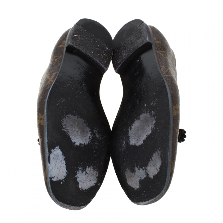 Pre Owned Louis Vuitton Brown Monogram Canvas Tassel Detail Smoking Slippers Size 39