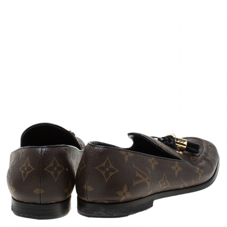 Pre Owned Louis Vuitton Brown Monogram Canvas Tassel Detail Smoking Slippers Size 39