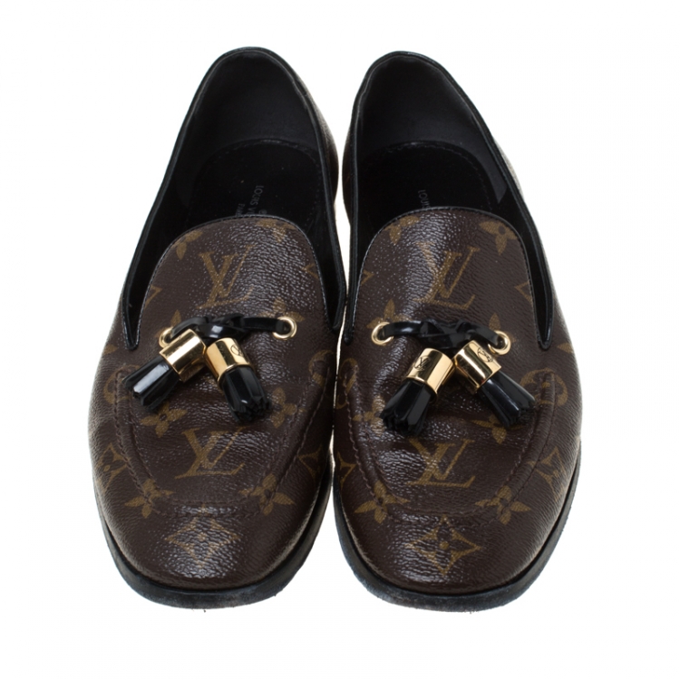 Pre Owned Louis Vuitton Brown Monogram Canvas Tassel Detail Smoking Slippers Size 39