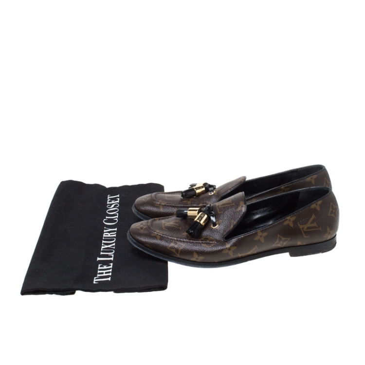 Pre Owned Louis Vuitton Brown Monogram Canvas Tassel Detail Smoking Slippers Size 39