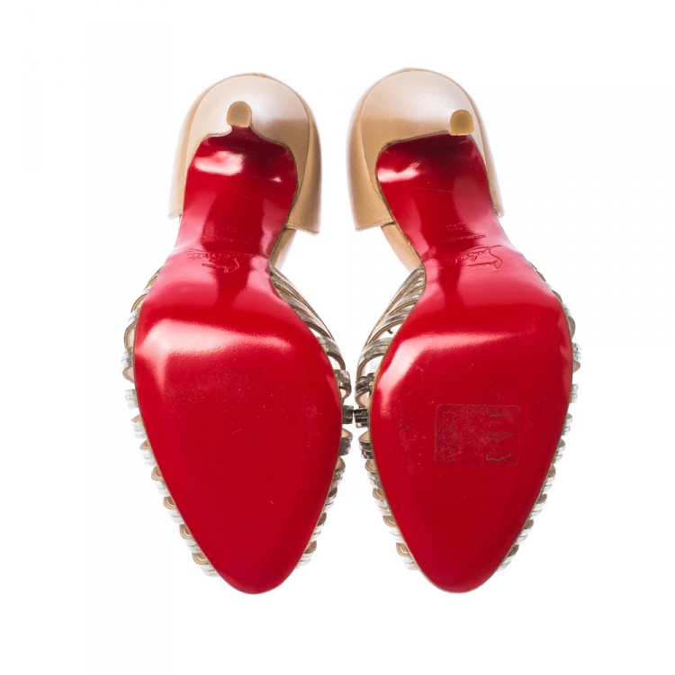Pre Owned Christian Louboutin Beige/Gold Lasercut Metal and Leather D'Orsay Peep Toe Pumps Size 38