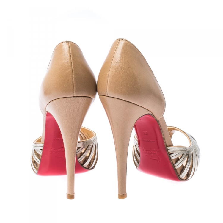 Pre Owned Christian Louboutin Beige/Gold Lasercut Metal and Leather D'Orsay Peep Toe Pumps Size 38