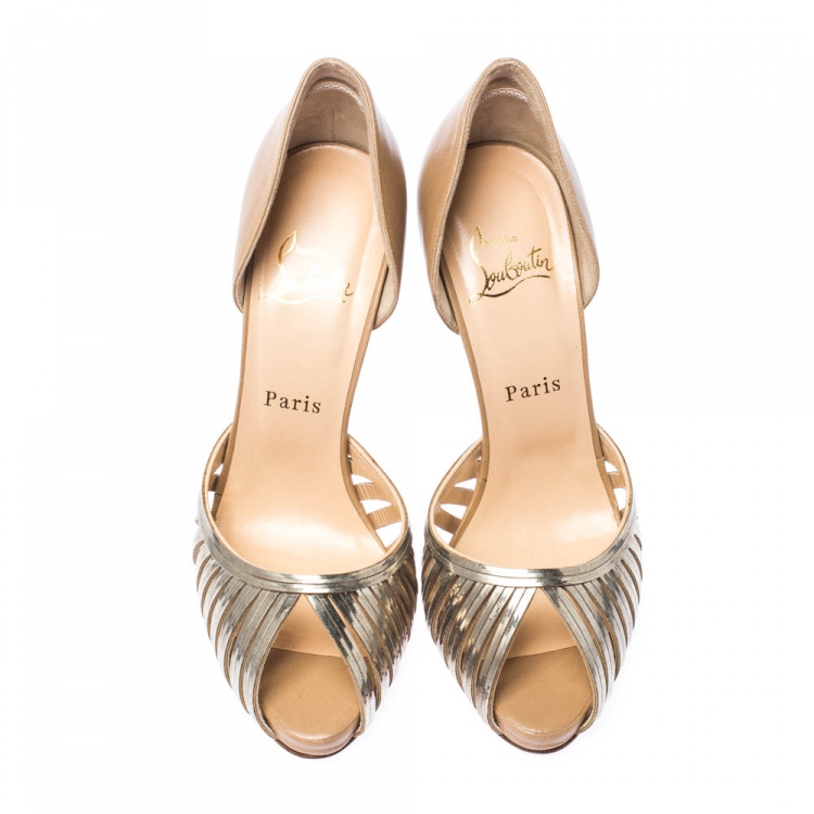 Pre Owned Christian Louboutin Beige/Gold Lasercut Metal and Leather D'Orsay Peep Toe Pumps Size 38