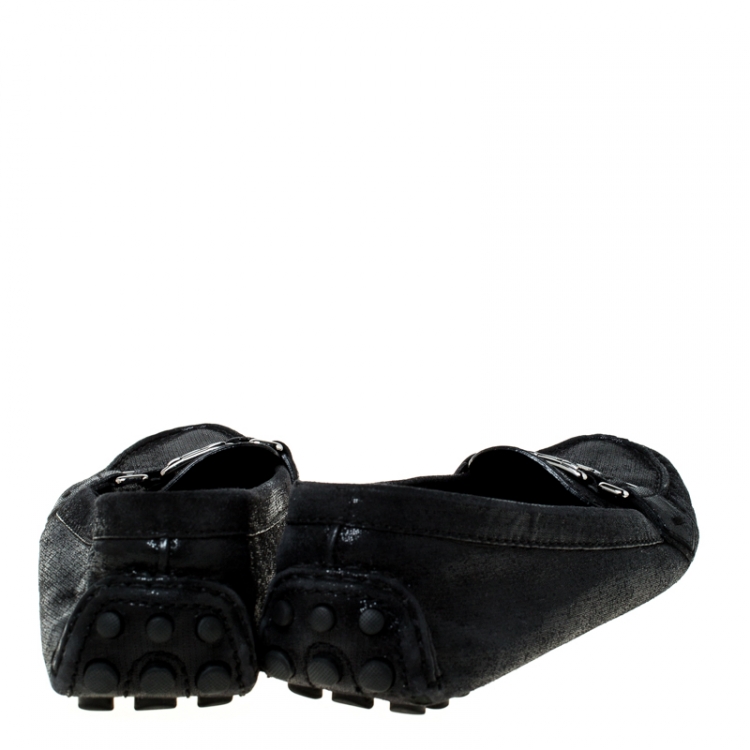 Pre Owned Louis Vuitton Black Glitter Suede Logo Detail Slip On Loafers Size 40 