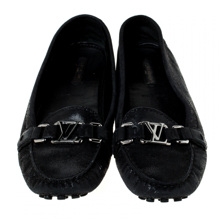 Pre Owned Louis Vuitton Black Glitter Suede Logo Detail Slip On Loafers Size 40 
