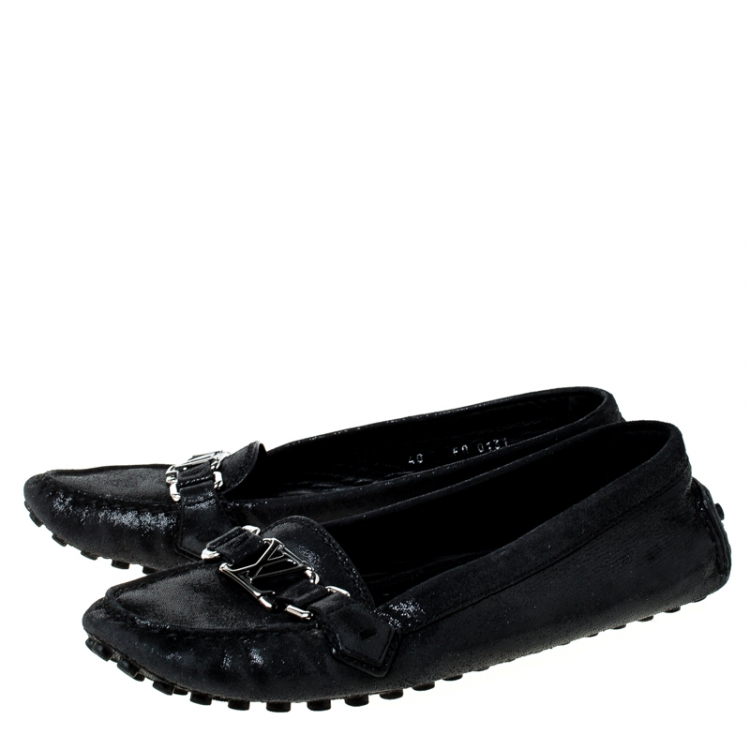 Pre Owned Louis Vuitton Black Glitter Suede Logo Detail Slip On Loafers Size 40 