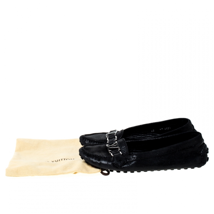Pre Owned Louis Vuitton Black Glitter Suede Logo Detail Slip On Loafers Size 40 