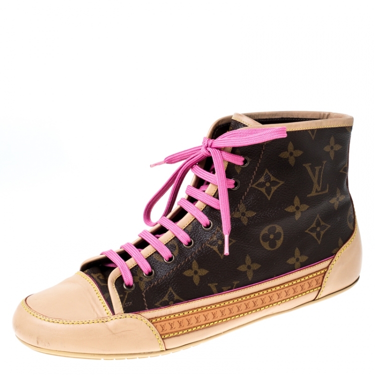 Louis Vuitton Brown Leather And Monogram Canvas High Top Sneakers