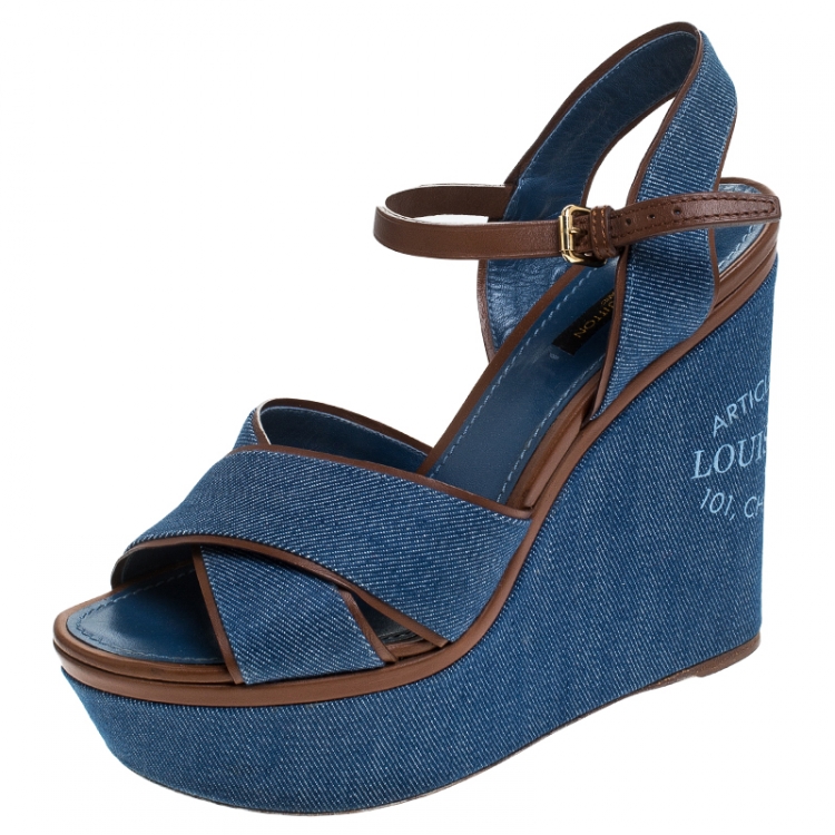 Louis Vuitton Blue Denim Ankle Strap Wedge Platform Sandals Size
