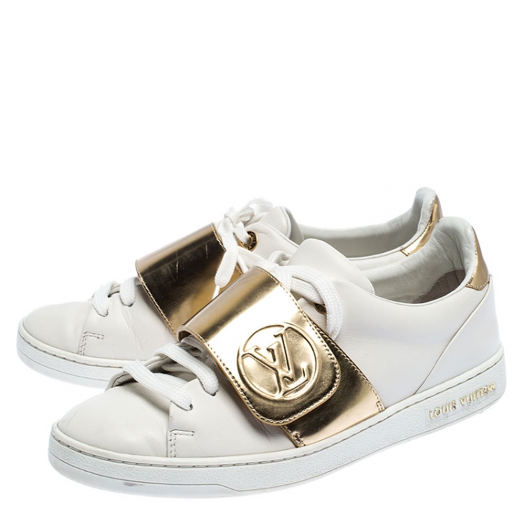 Pre Owned Louis Vuitton White/Gold Leather Front Row Sneakers Size 36.5