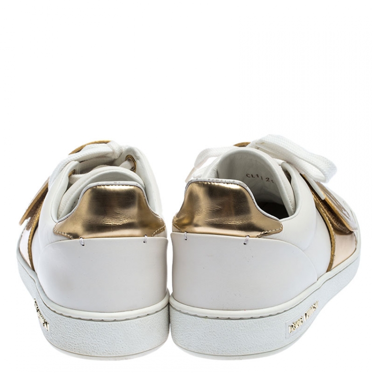 Pre Owned Louis Vuitton White/Gold Leather Front Row Sneakers Size 36.5